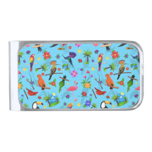 Toucan Flamingo And Arara Seamless Birds Pattern Silver Finish Money Clip