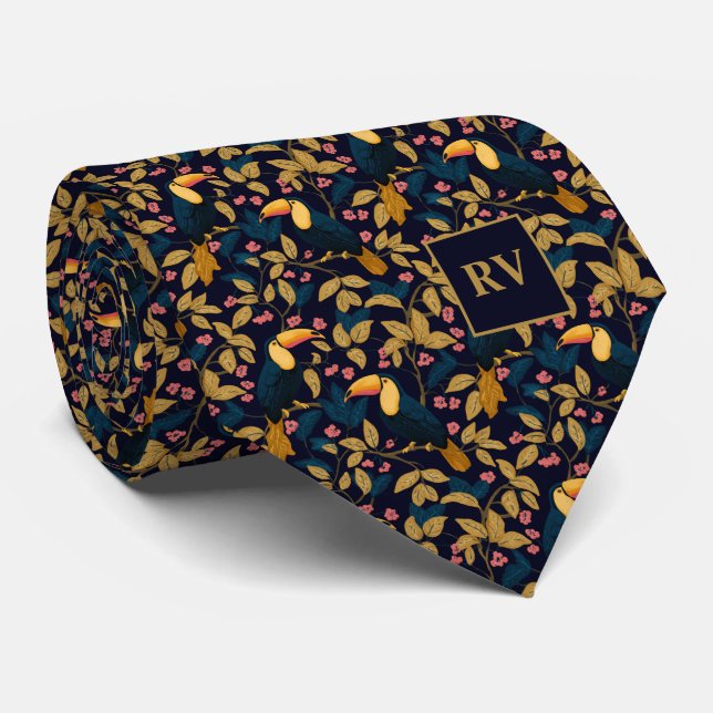 Toucan Foliage on Navy Blue Neck Tie (Rolled)