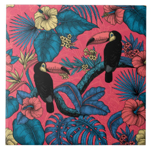 Toucan garden in red and blue ceramic tile