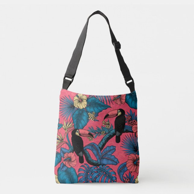 Toucan garden in red and blue crossbody bag (Front)
