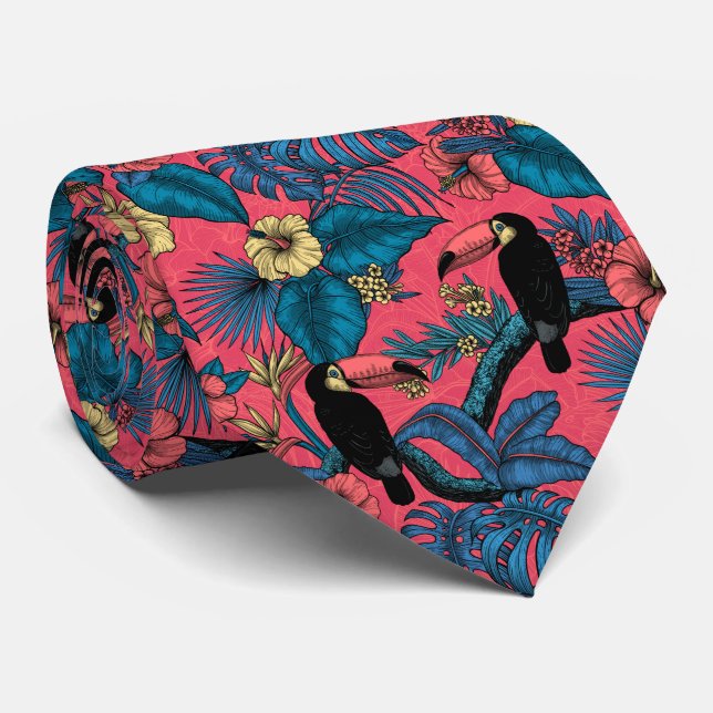 Toucan garden in red and blue neck tie (Rolled)