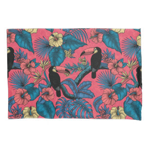 Toucan garden in red and blue pillow case