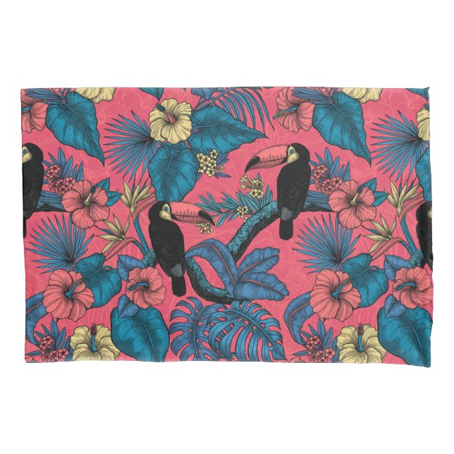 Toucan garden in red and blue pillow case (Front)