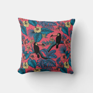 Toucan garden in red and blue throw pillow