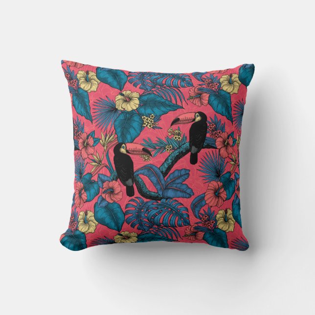 Toucan garden in red and blue throw pillow (Front)