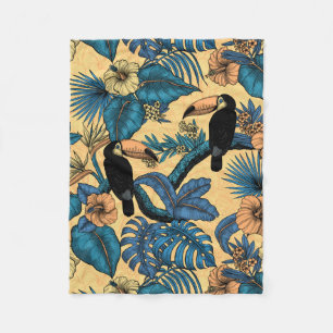 Toucan garden in yellow and blue fleece blanket