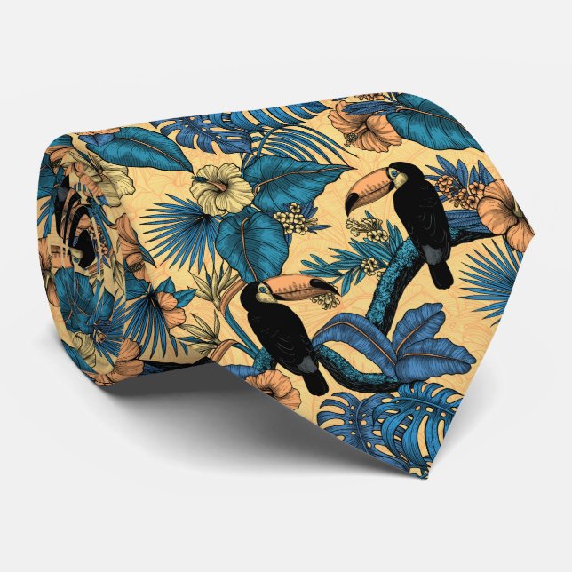 Toucan garden in yellow and blue neck tie (Rolled)