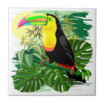 Toucan in Green Amazonia Rainforest Ceramic Tile<br><div class="desc">Colorful Exotic Toco Toucan,  Wild Bird from Amazonia Rainforest,  originally created on Vector Graphic Art Technique,  and assembled to compose a tropical summer Seamless Repeat Pattern. Copyright BluedarkArt.</div>