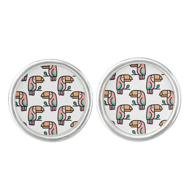 toucan jungle bird pastel rainbow cartoon pattern cufflinks (Front)