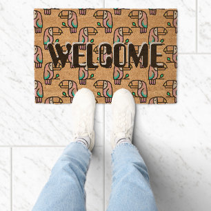 toucan jungle bird pastel rainbow cartoon pattern fiber doormat