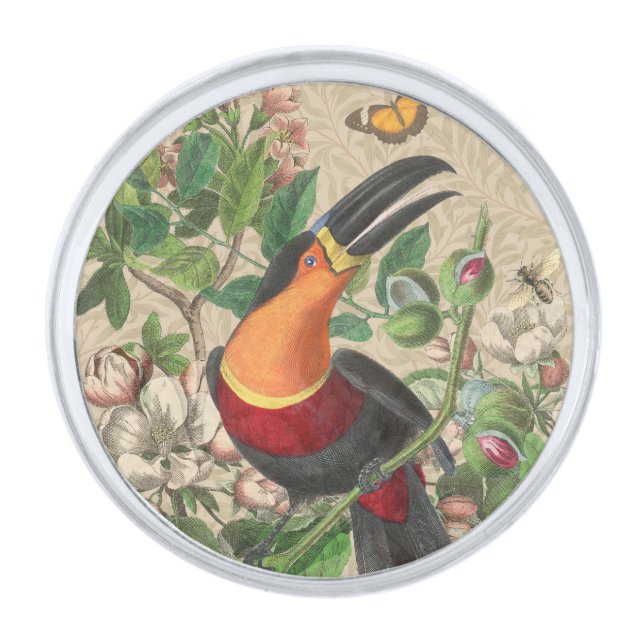 Toucan Jungle Tropical Bird Beautiful Antique Silver Finish Lapel Pin (Front)
