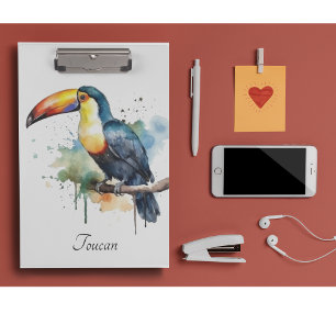 Toucan on Branch Watercolor Art, custom Clipboard