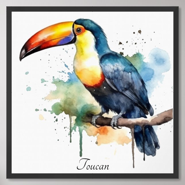 Toucan on Branch Watercolor Art, custom Framed Art (Framed Front)