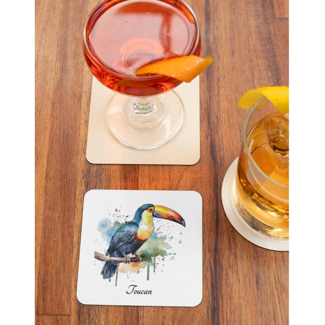 Toucan on Branch Watercolor Art, custom Glass Coaster (Creator Uploaded)