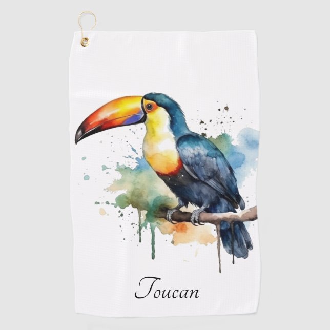 Toucan on Branch Watercolor Art, custom Golf Towel (Front)