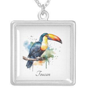 Toucan on Branch Watercolor Art, custom Silver Plated Necklace