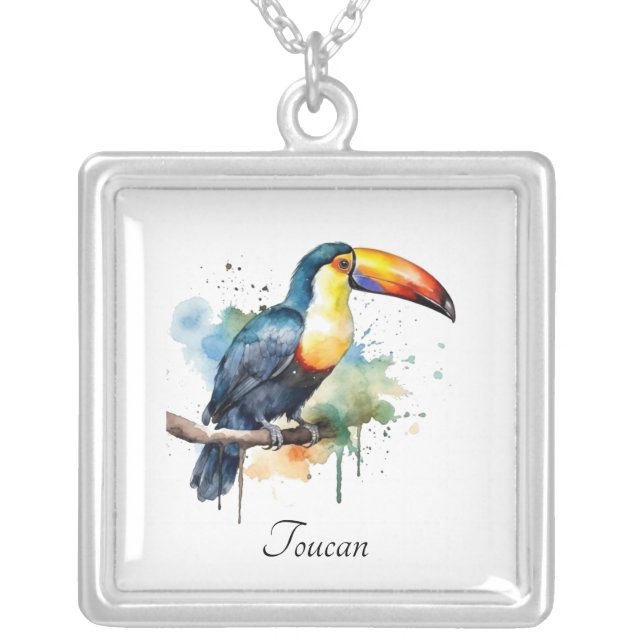 Toucan on Branch Watercolor Art, custom Silver Plated Necklace (Front)