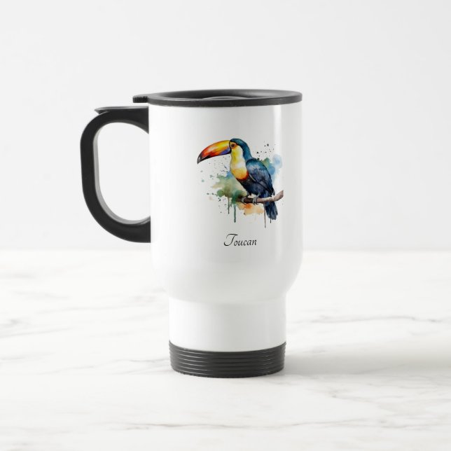 Toucan on Branch Watercolor Art, custom Travel Mug (Left)