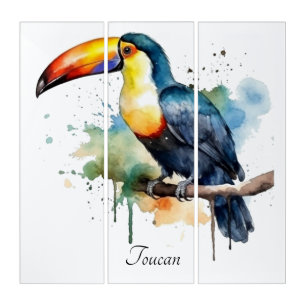 Toucan on Branch Watercolor Art, custom Triptych