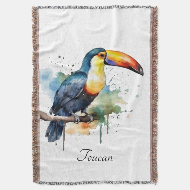 Toucan on Branch Watercolor Art Throw Blanket (Front Vertical)
