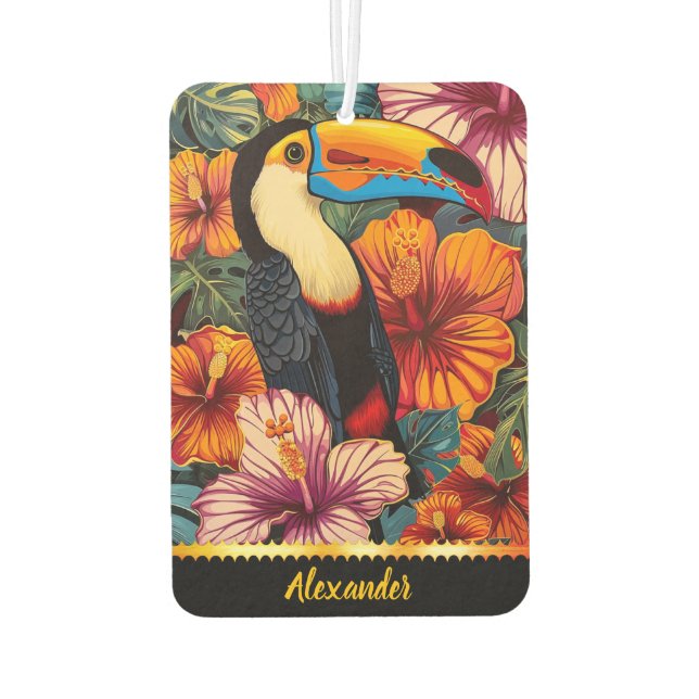 Toucan parrot amid vibrant tropical flowers air freshener (Back)