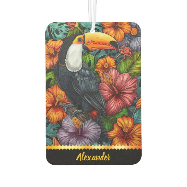 Toucan parrot among bright tropical flowers air freshener (Back)