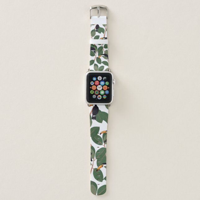 Toucan parrot bird with ficus palm leaves seamless apple watch band (Front)