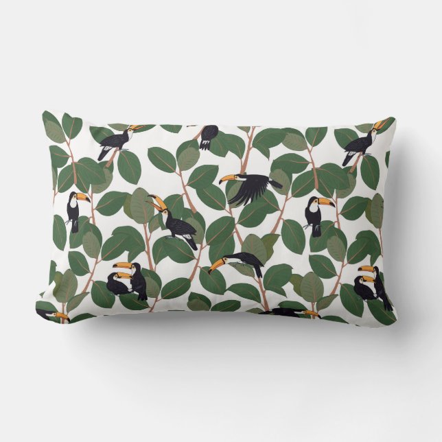 Toucan parrot bird with ficus palm leaves seamless lumbar pillow (Front)