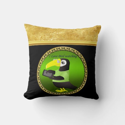 Toucan parrots with computer and gold foil design throw pillow
