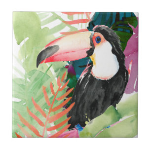 Toucan Portrait with Tropical Leaves Ceramic Tile
