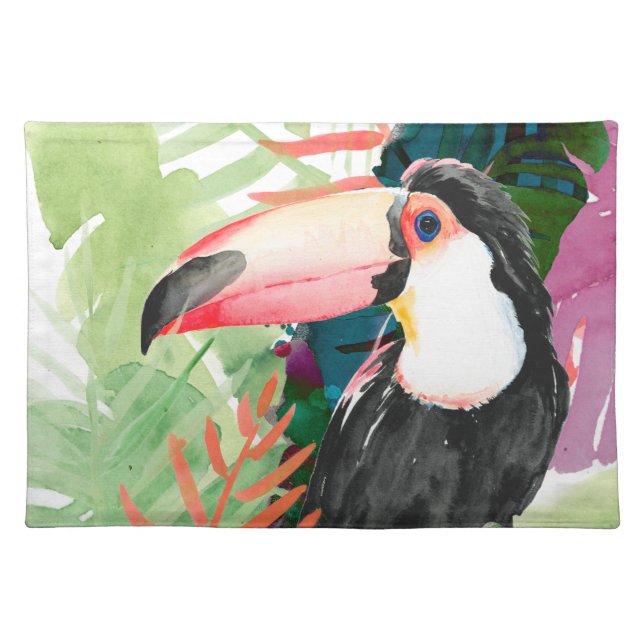 Toucan Portrait with Tropical Leaves Cloth Placemat (Front)