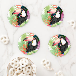 Toucan Portrait with Tropical Leaves Coaster Set