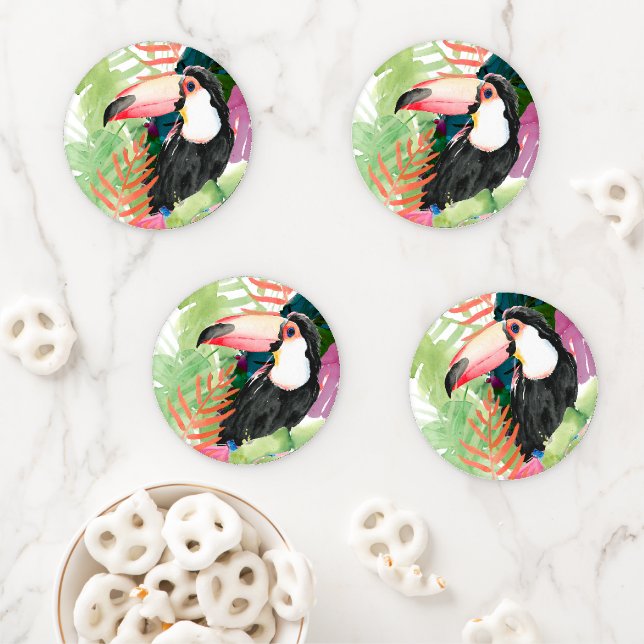 Toucan Portrait with Tropical Leaves Coaster Set (In Situ)