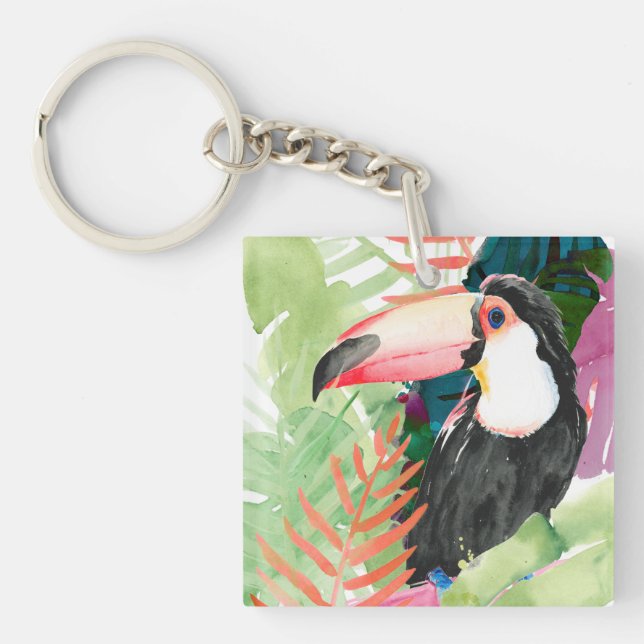 Toucan Portrait with Tropical Leaves Keychain (Front)