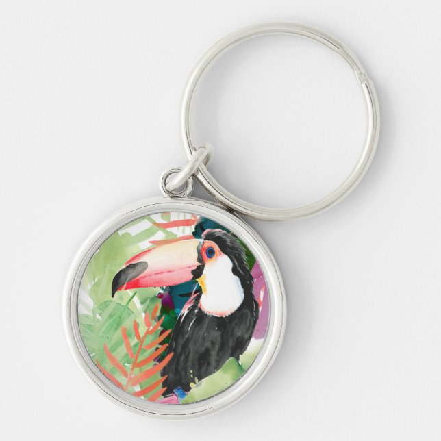 Toucan Portrait with Tropical Leaves Keychain (Front)