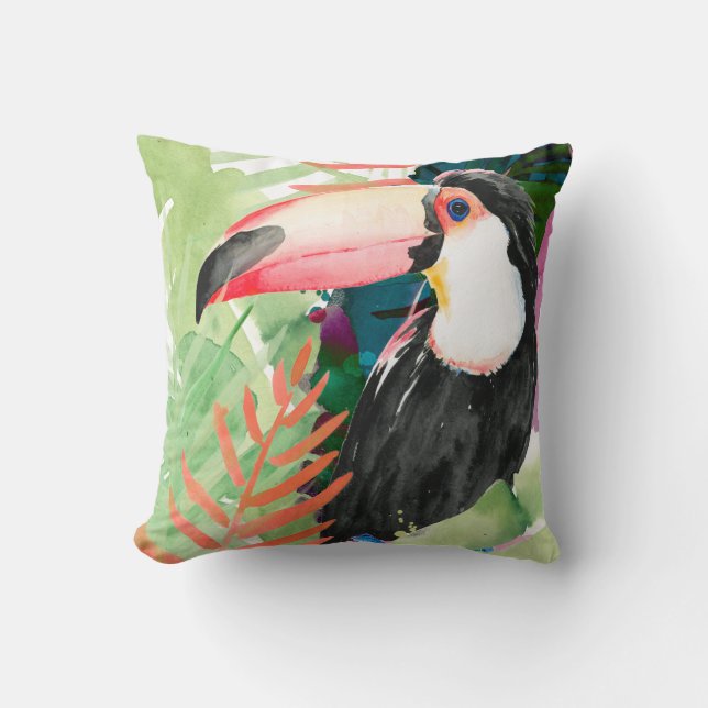 Toucan Portrait with Tropical Leaves Throw Pillow (Front)