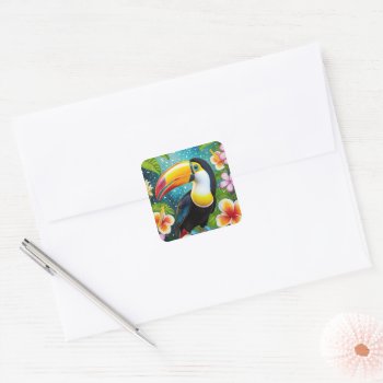Toucan Tropical Bird And Hibiscus Flowers Colorful Square Sticker by stdjura at Zazzle
