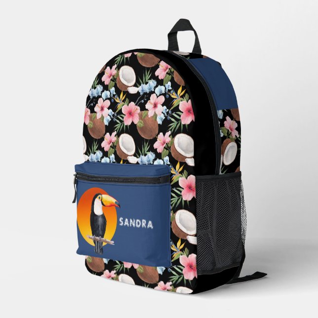 Toucan Tropical Floral and Coconut Printed Backpack (Back Corner Right)