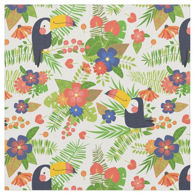 Toucan & Tropical Flowers Fabric (Close Up)