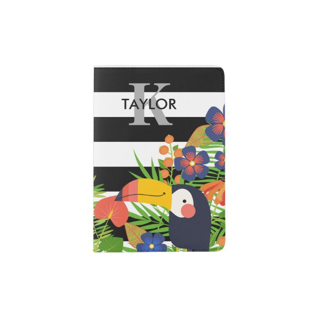 Toucan & Tropical Flowers Name & Monogram Passport Holder (Front)