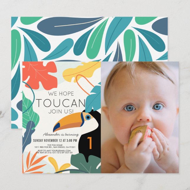 Toucan Tropical Leaf Modern 1st Birthday Photo Invitation (Front/Back)