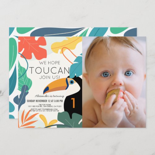 Toucan Tropical Leaf Modern 1st Birthday Photo Invitation