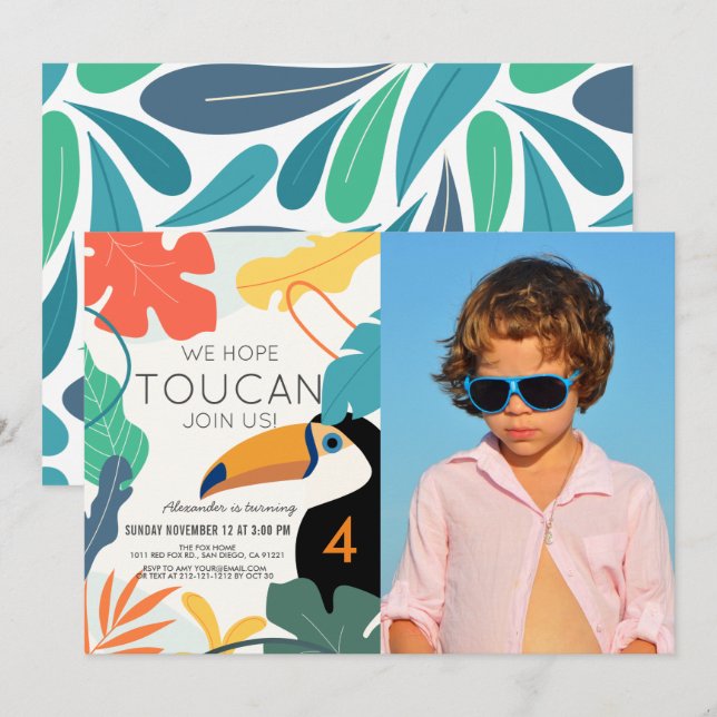 Toucan Tropical Leaf Modern Birthday Photo Invitation (Front/Back)