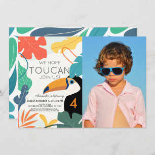 Toucan Tropical Leaf Modern Birthday Photo Invitation