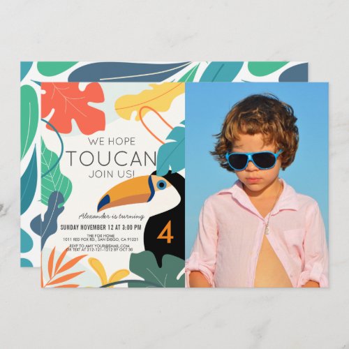 Toucan Tropical Leaf Modern Birthday Photo Invitation