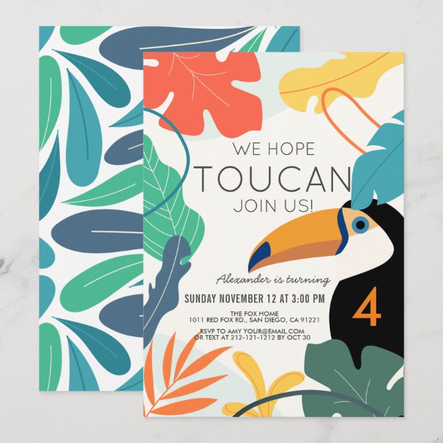 Toucan Tropical Leaf Modern Kids Birthday Invitation (Front/Back)
