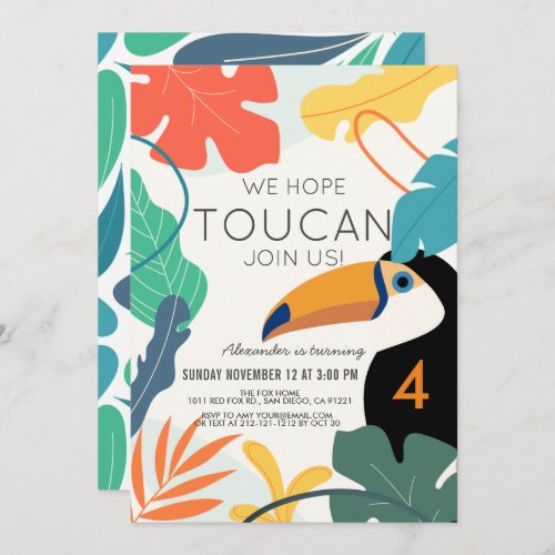 Toucan Tropical Leaf Modern Kids Birthday Invitation