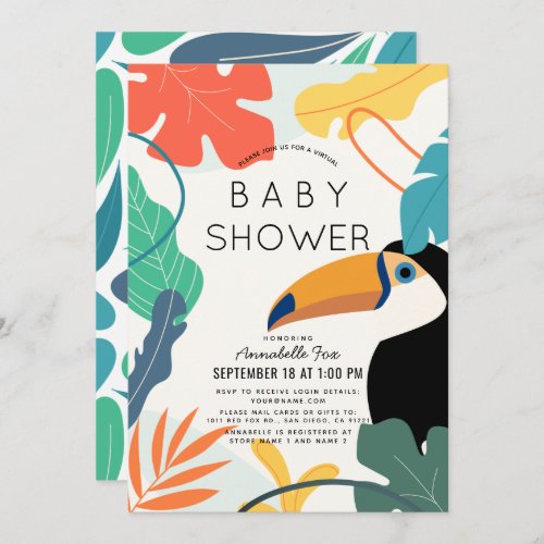 Toucan Tropical Leaf Virtual Baby Shower Invitation