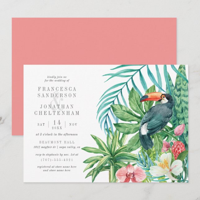 Toucan & Tropical Leaves | Modern Summer Wedding Invitation (Front/Back)