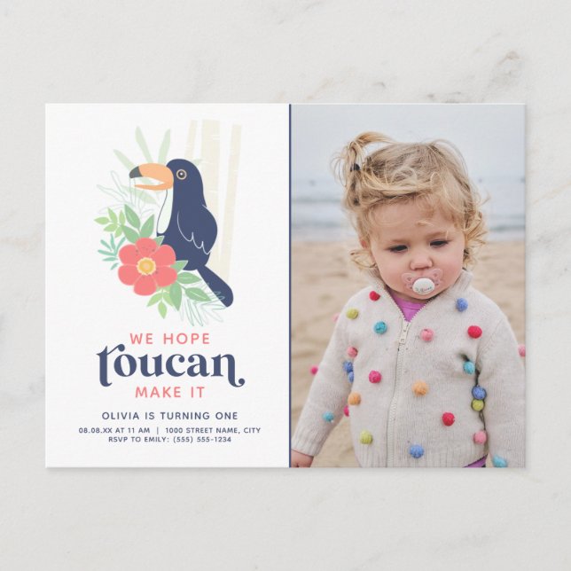 Toucan Tropical Palm Leaves Birthday Photo Invitat Postcard (Front)